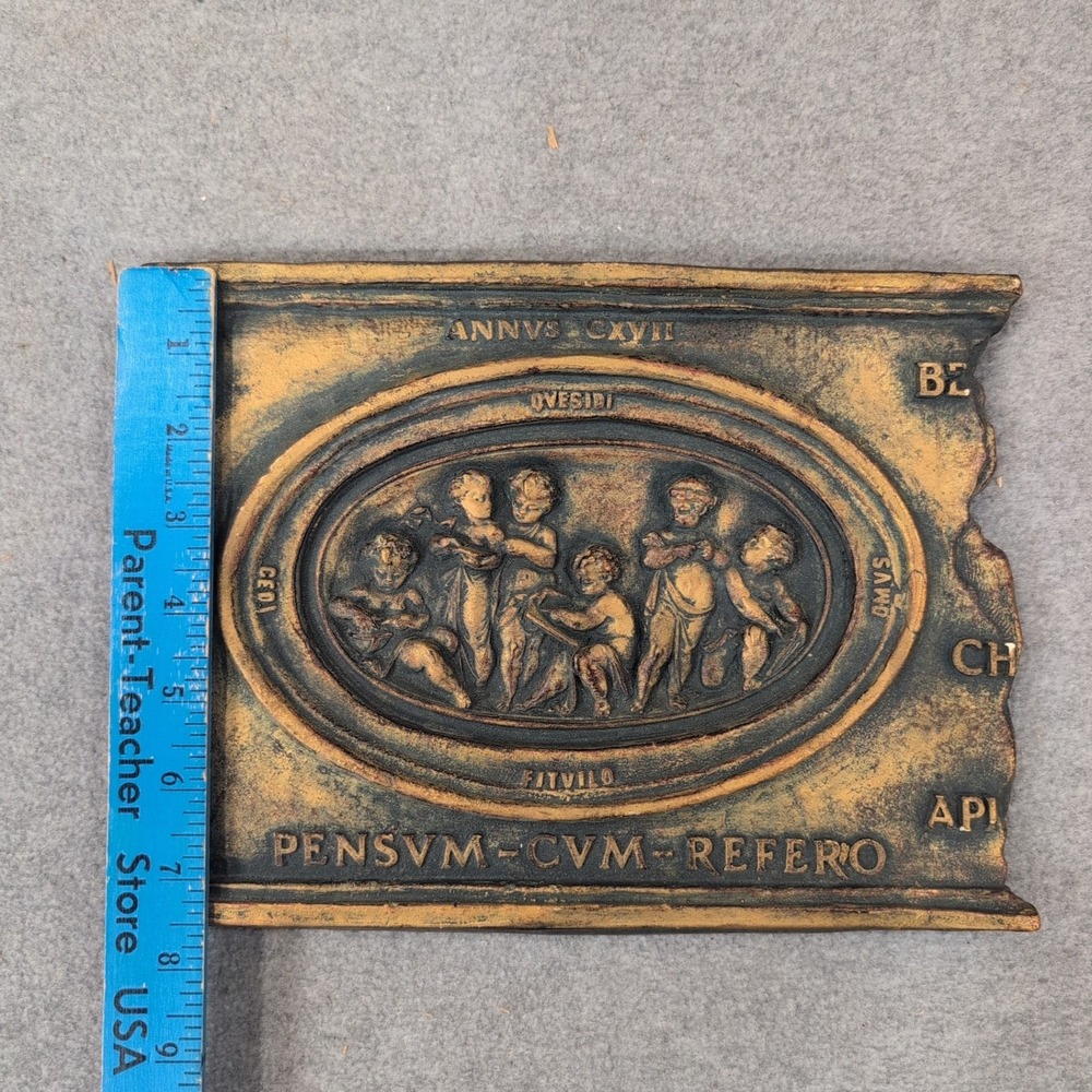 Marko Mfg Inc Neoclassical Cherub Relief Wall Plaque Gold Bronze Latin Text 1074 - Picture 3 of 4